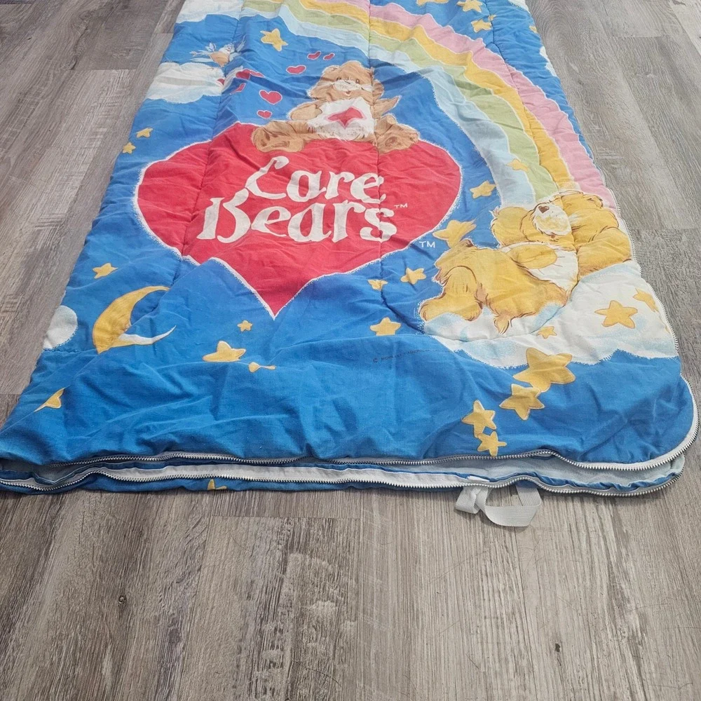 Vintage Care Bears Comforter 1980s Blue Rainbow Heart Quilt Made in USA Twin